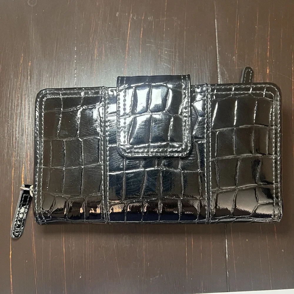 Relativity NWT Black Patent Croc Zip Around Tab Wallet Bi-fold